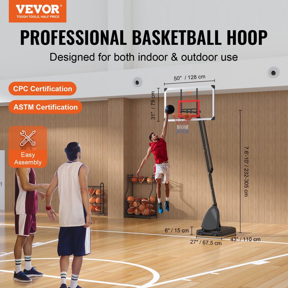 VEVOR Basketball Hoop, 7.6-10 ft Adjustable Height Portable