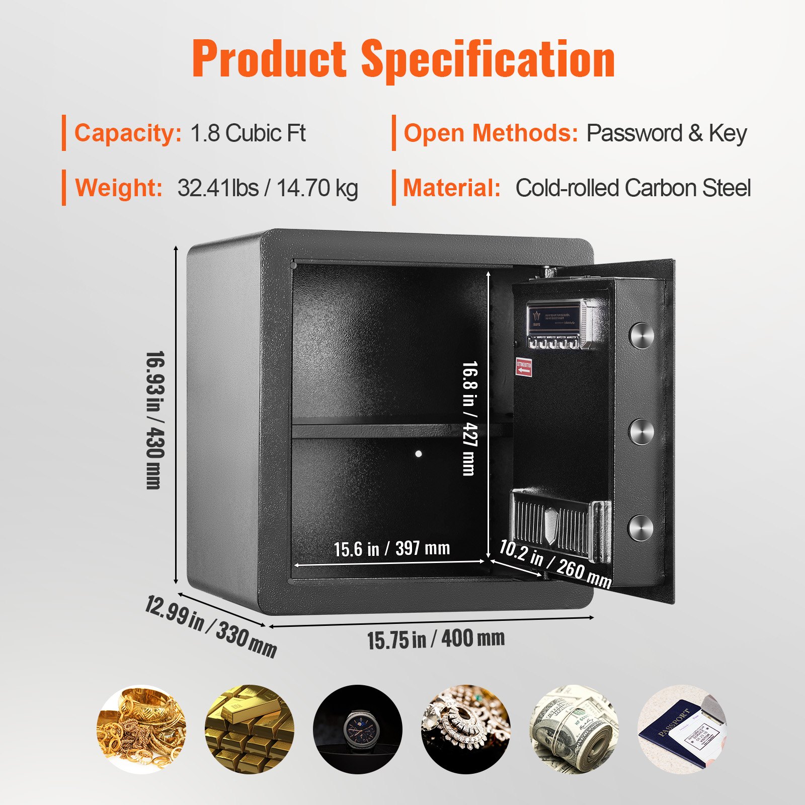 VEVOR VEVOR Safe 1.8 Cubic Feet Home Safe Steel for Cash Gold 15