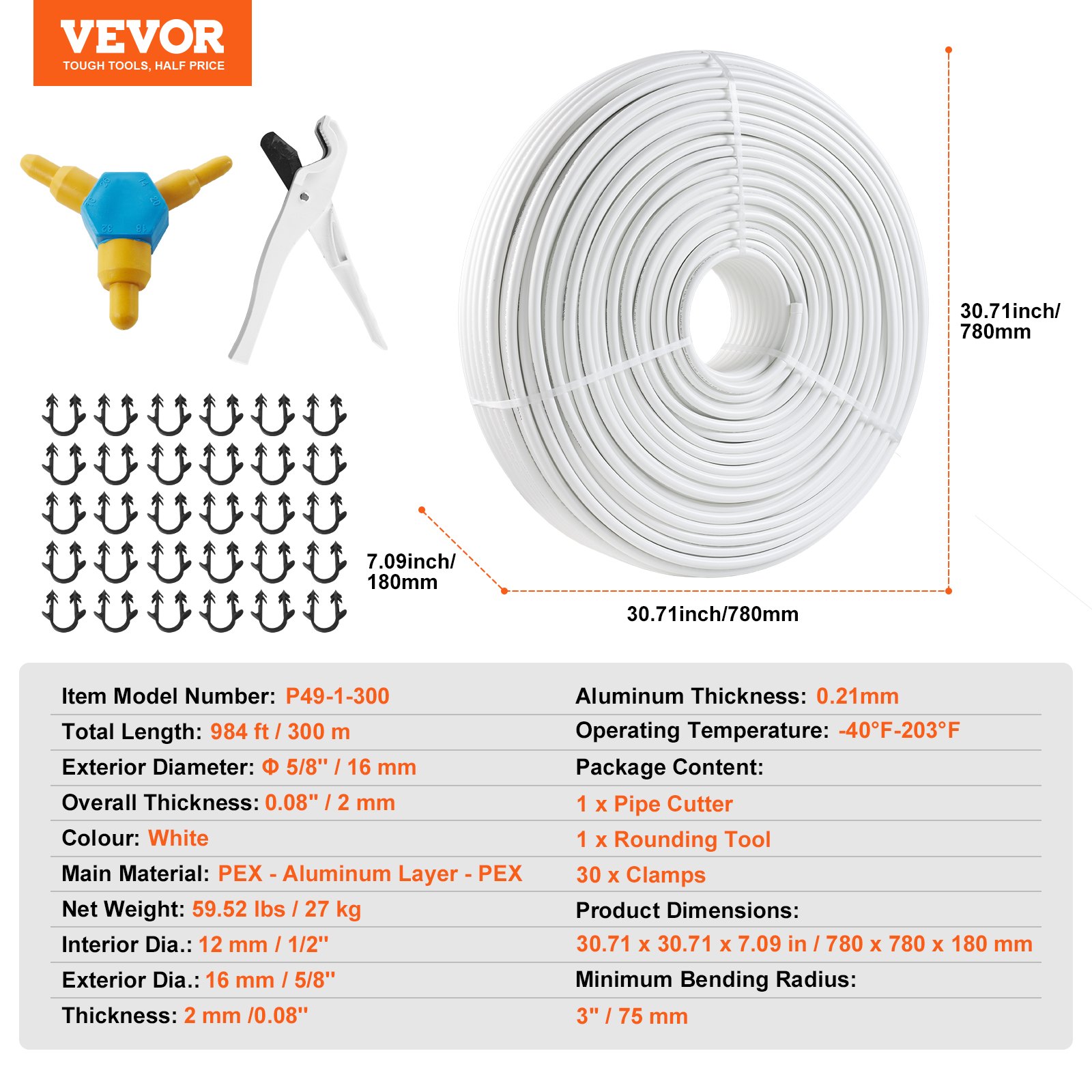 Vevor Pex Al Pex Tube 984ft 58 Diameter Aluminum Plastic Composite Pipe Oxygen Barrier 8576