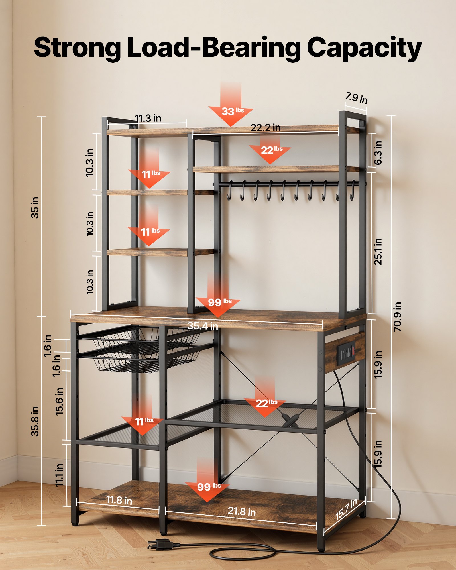 VEVOR Kitchen Bakers Rack with Power Outlet – 5ft, 10 Hooks