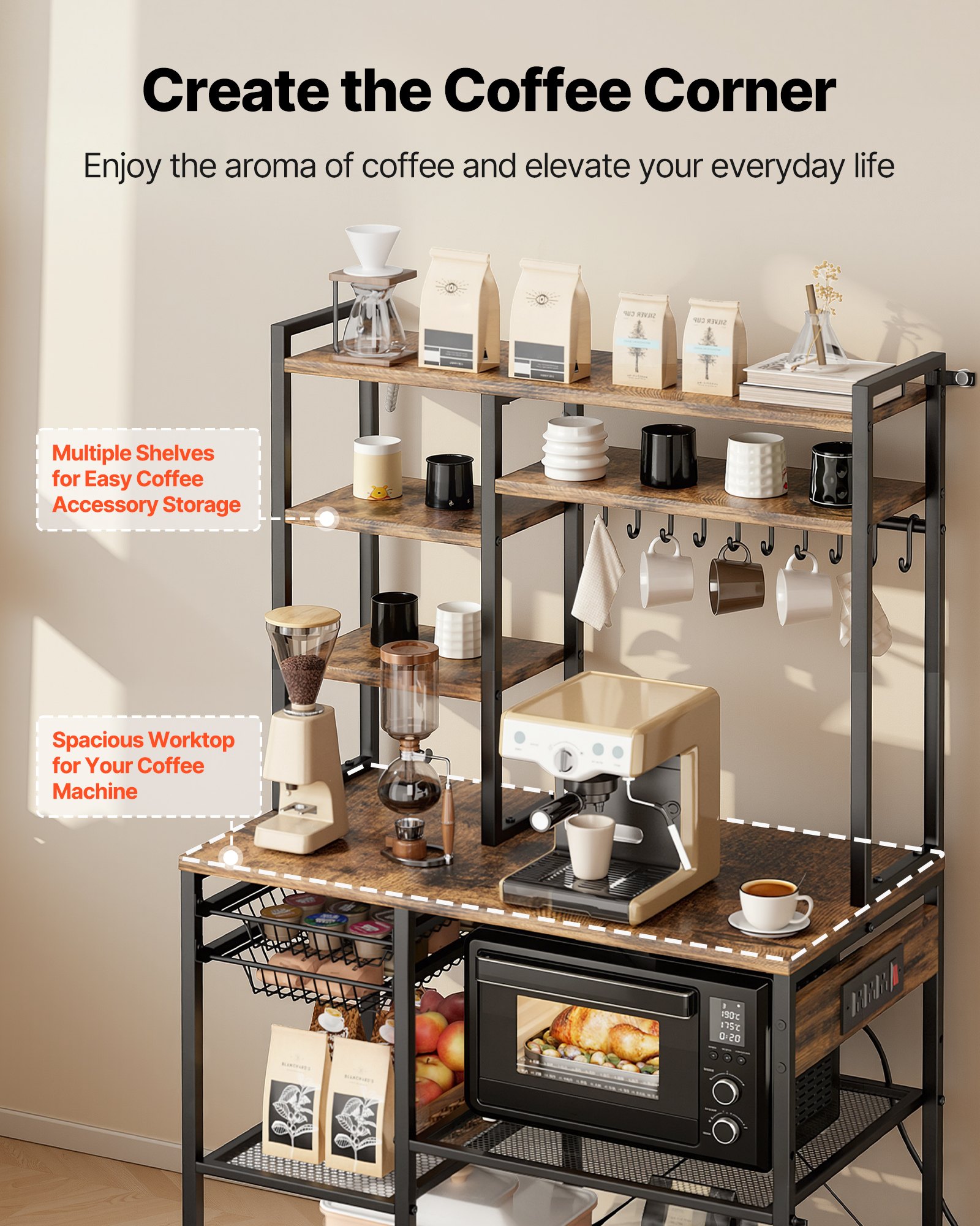VEVOR Kitchen Bakers Rack with Power Outlet – 5ft, 10 Hooks