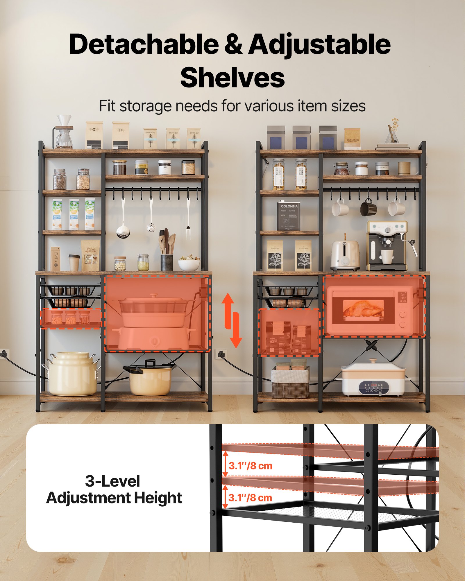 VEVOR Kitchen Bakers Rack with Power Outlet – 5ft, 10 Hooks