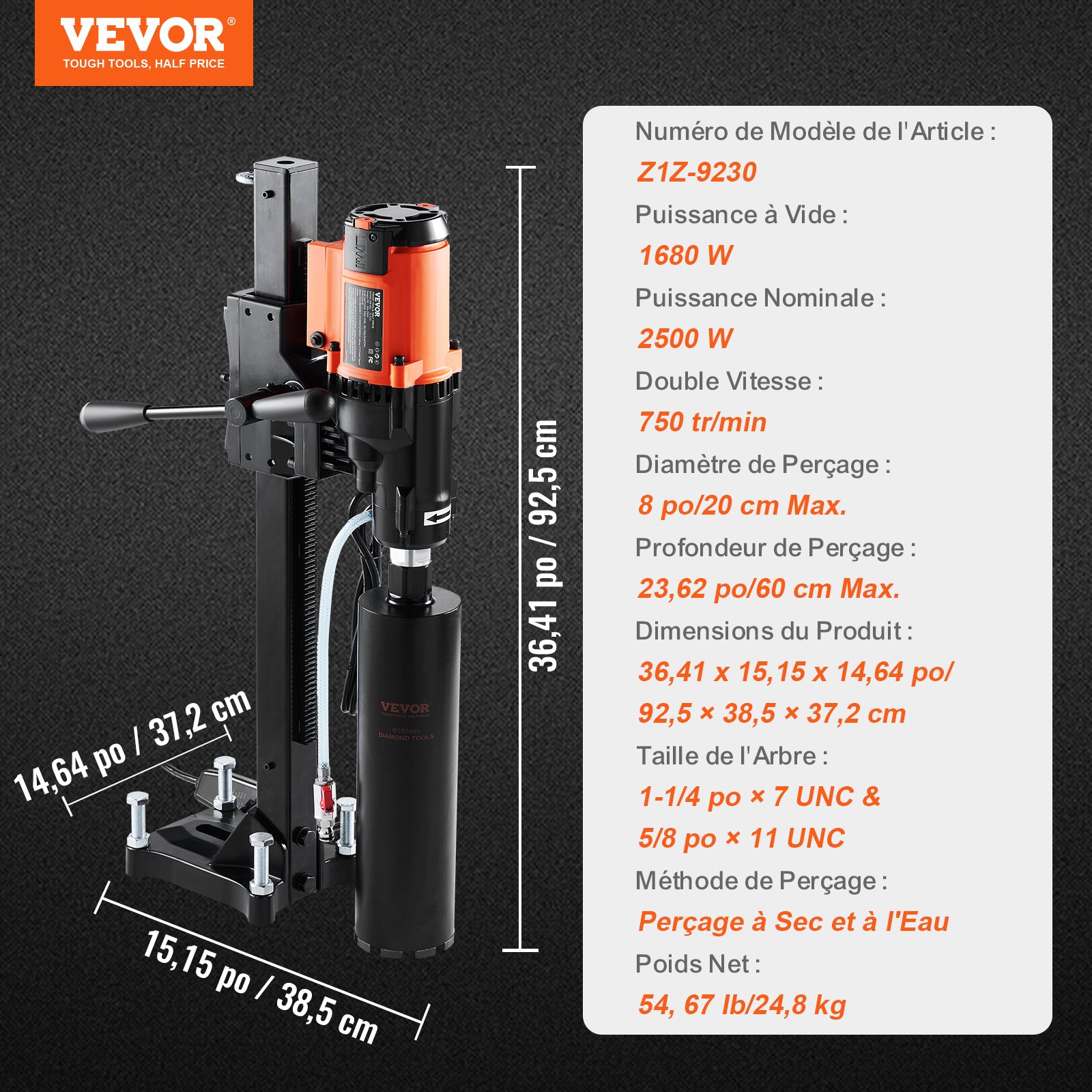 Diamond Core Drilling Machine, 8in Wet&Dry Concrete Core Drill Rig with Stand, 750RPM Speed & 1-1/4' 5/8' Thread & Lifting Handle, 8in Drilling Diameter for Concrete Brick Block Stone, 2500W