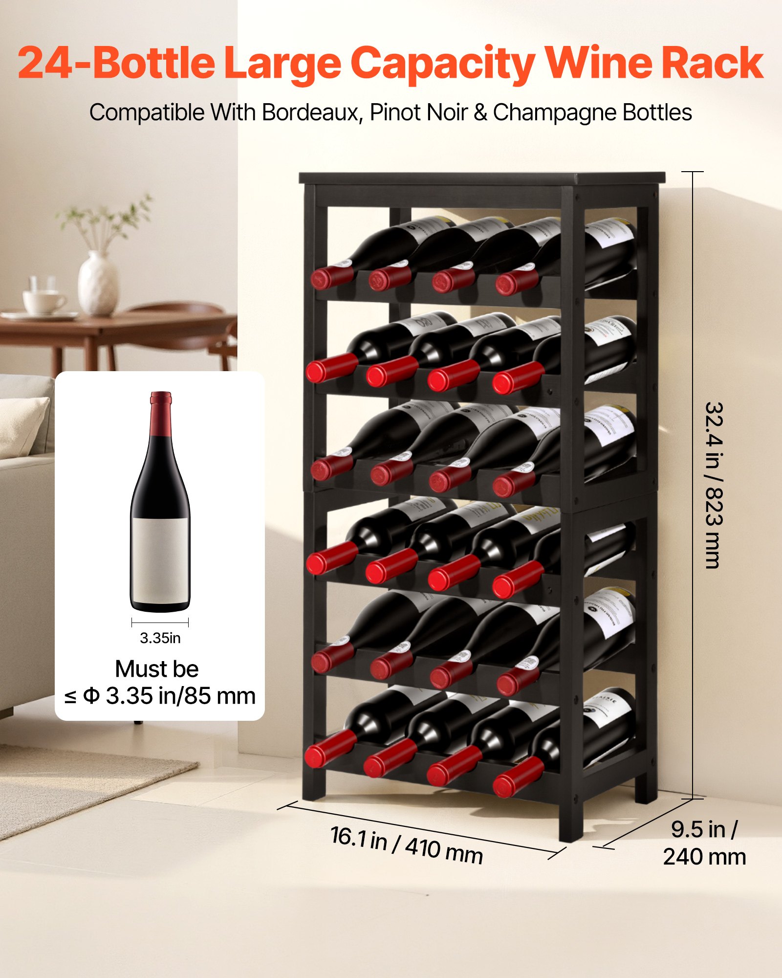 VEVOR 24 Bottle Wine Rack – 6-Tier Freestanding Storage