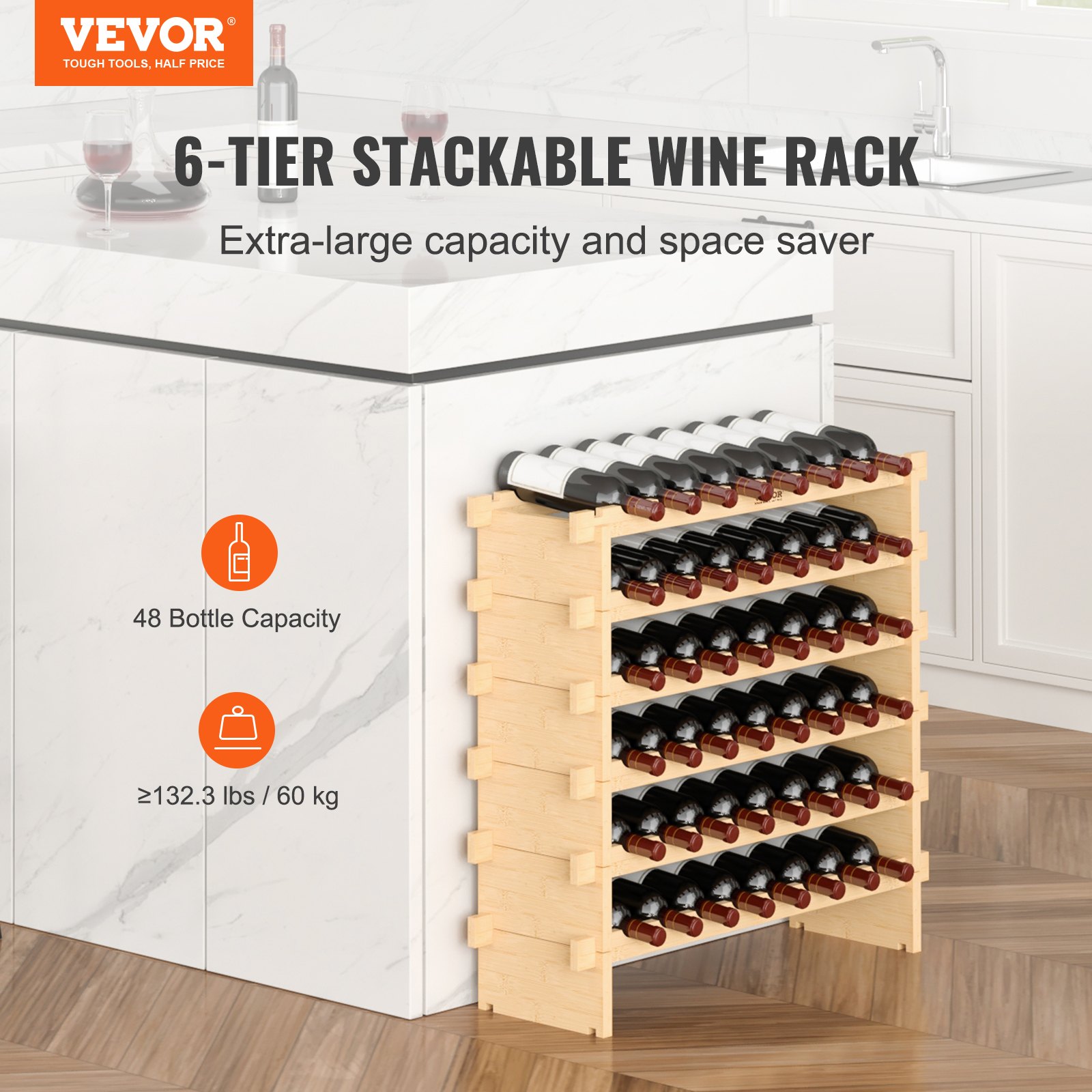 VEVOR 48 Bottle Stackable Modular Wine Rack, 6-Tier Solid Bamboo Wood ...
