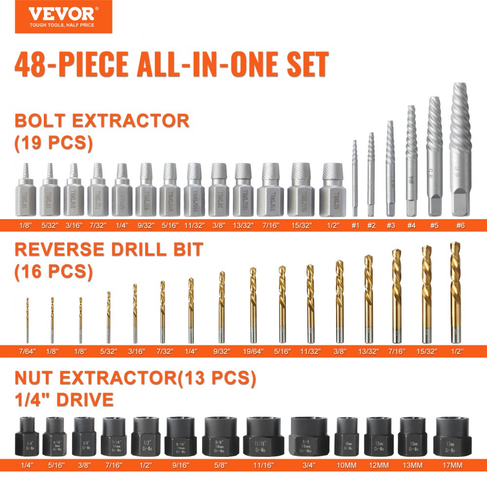 VEVOR 48-Piece Bolt Extractor Screw Extractor Set, with 13 PCS Bolt ...