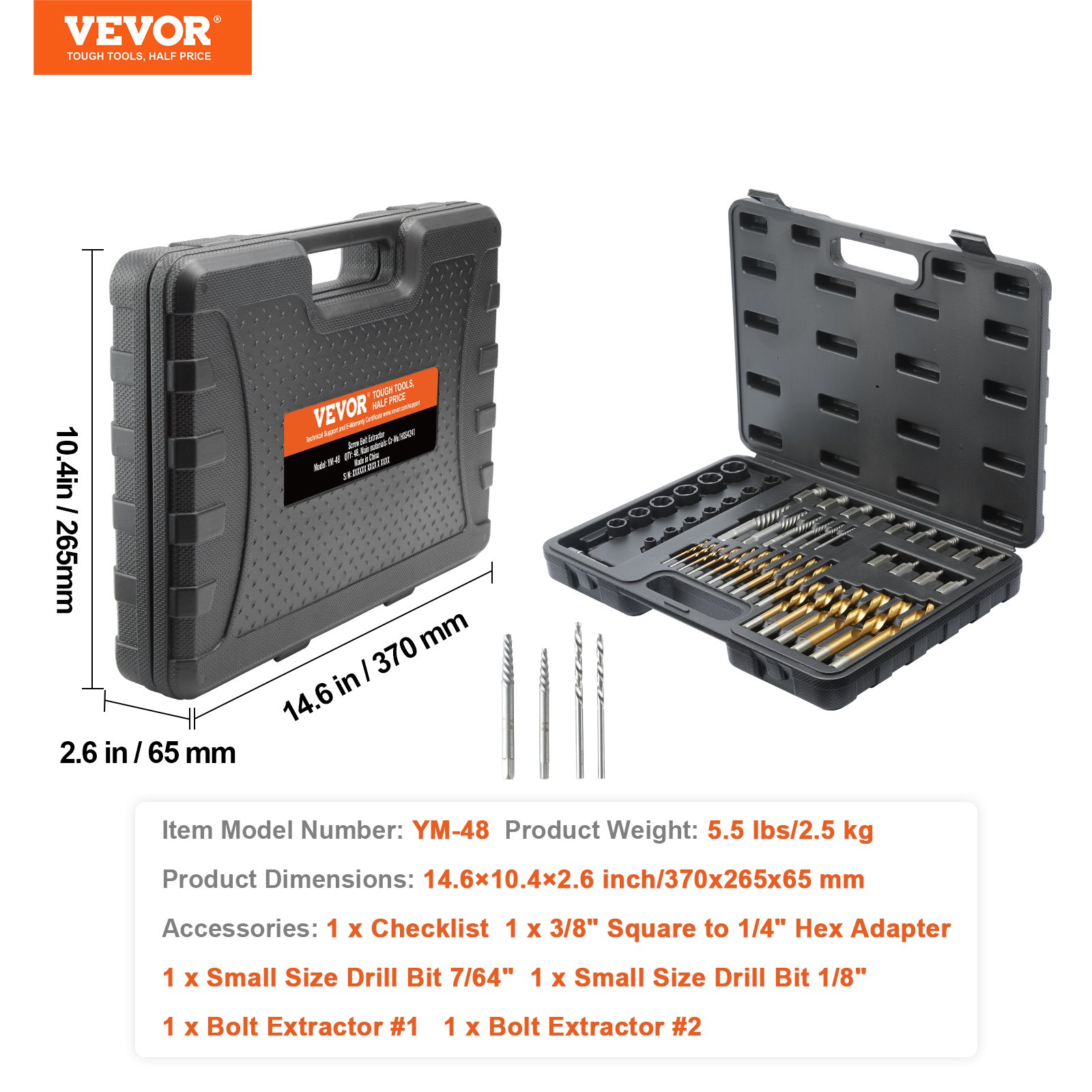 VEVOR 48-Piece Bolt Extractor Screw Extractor Set, with 13 PCS Bolt ...