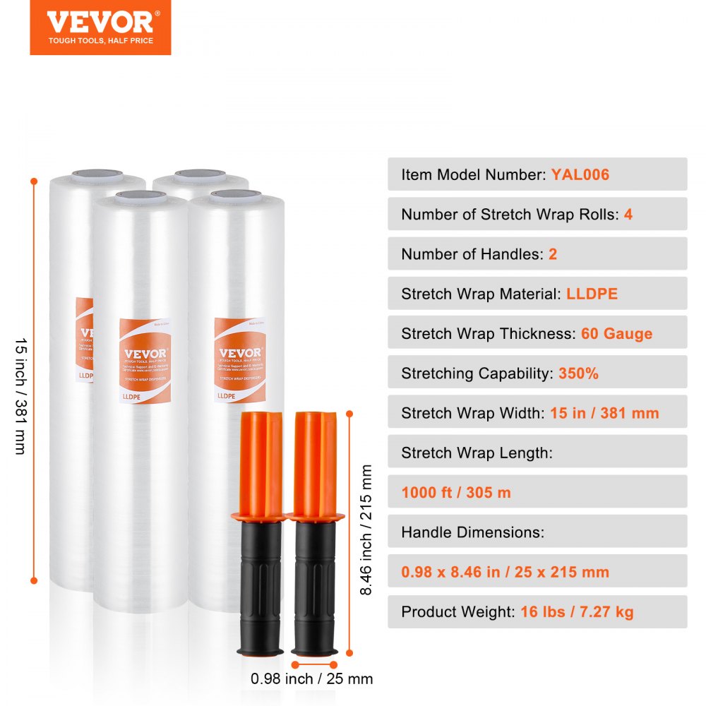 VEVOR Stretch Film, 15 inches x 1000 feet, 4 Pack, 60 Gauge Industrial ...
