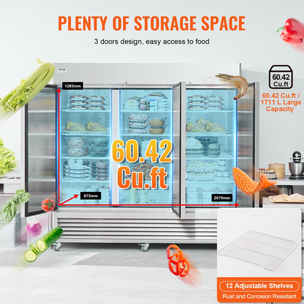 VEVOR Commercial Freezer 60.42 Cu.ft, Reach In 82.5