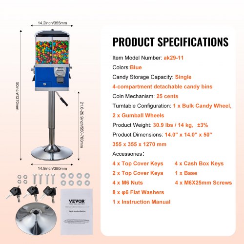 VEVOR Commercial Vending Machine, Four Compartment Rotatable Gumball ...