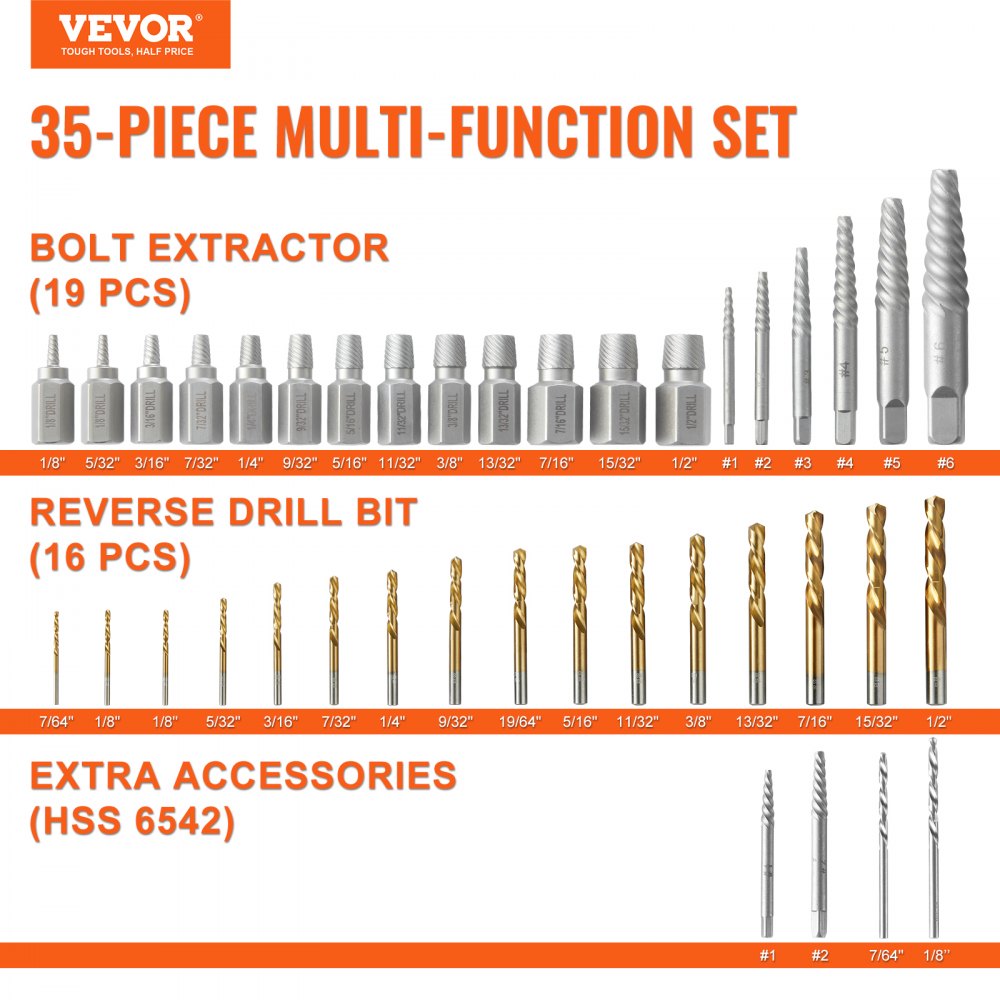 VEVOR Screw Extractor with Drill Bit Set, 35-Piece Bolt Extractor Kit ...