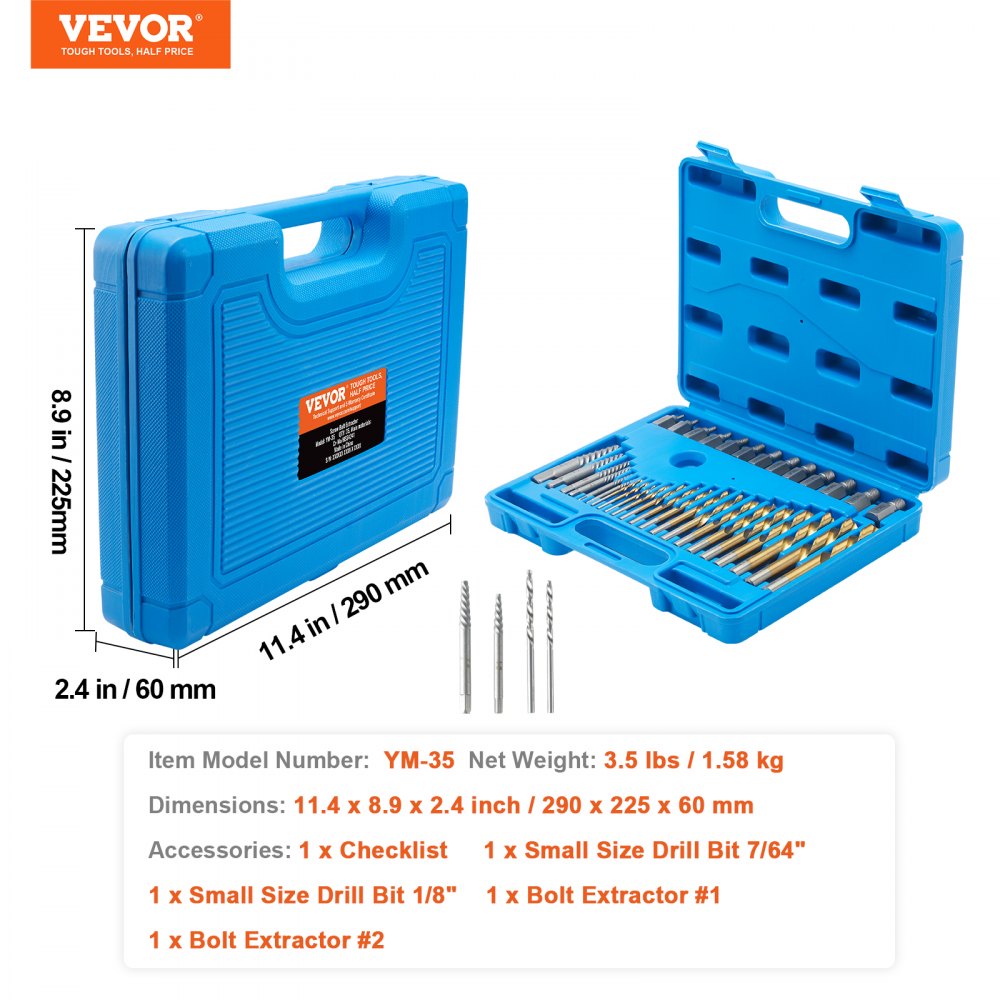 VEVOR Screw Extractor with Drill Bit Set, 35-Piece Bolt Extractor Kit ...