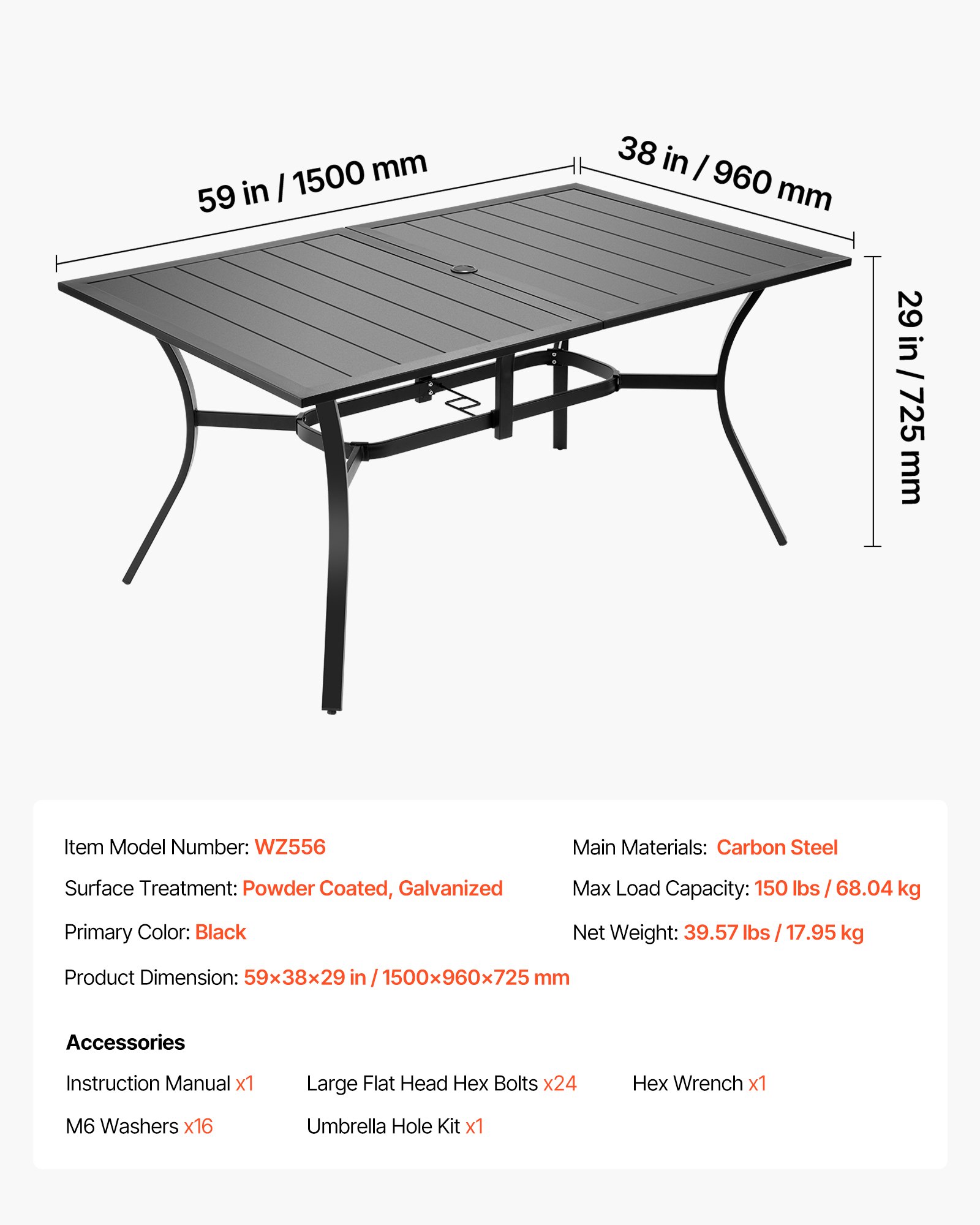 VEVOR Outdoor Patio Dining Table, 59 inch Long Rectangular Metal Steel ...