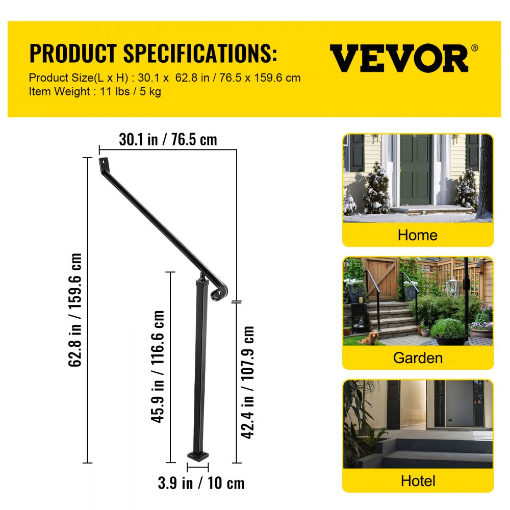 VEVOR Handrails for Outdoor Steps 2-3 Step Railings Wrought Iron ...