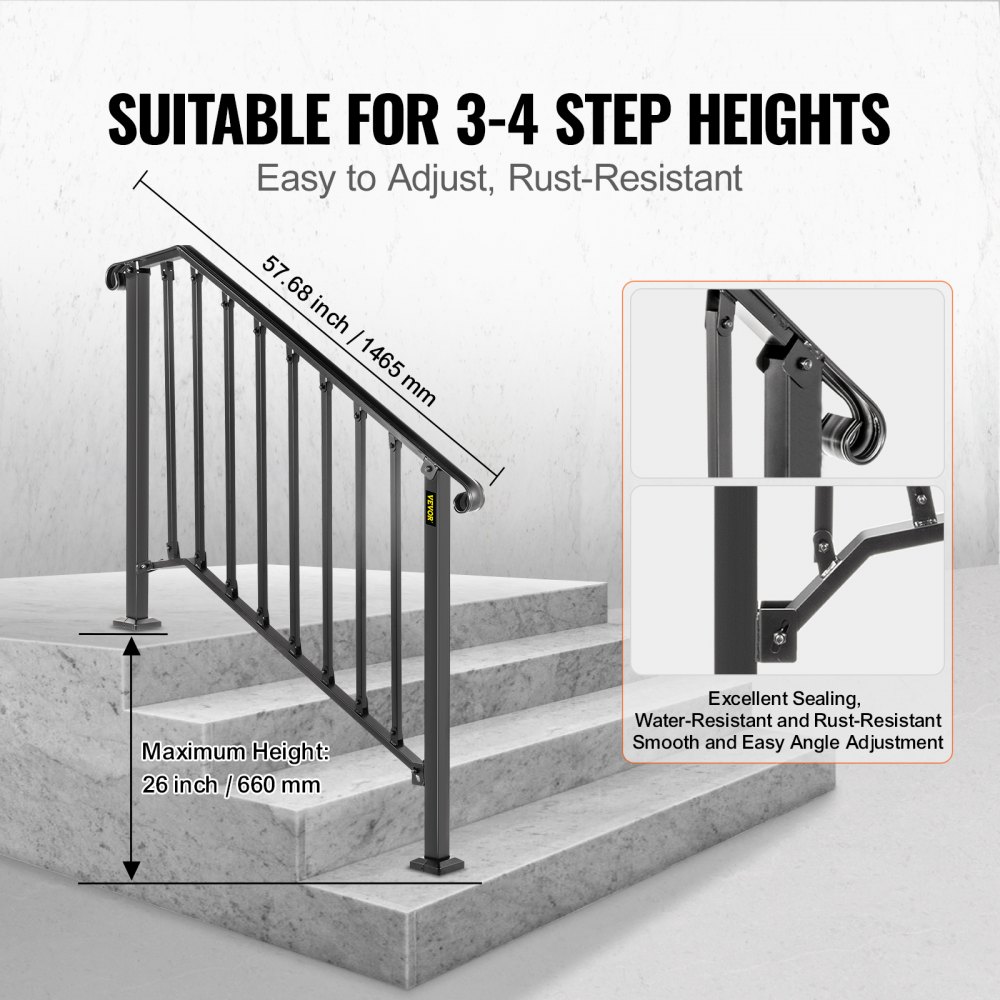 VEVOR Handrails for Outdoor Steps, Fit 3 or 4 Steps Outdoor Stair ...