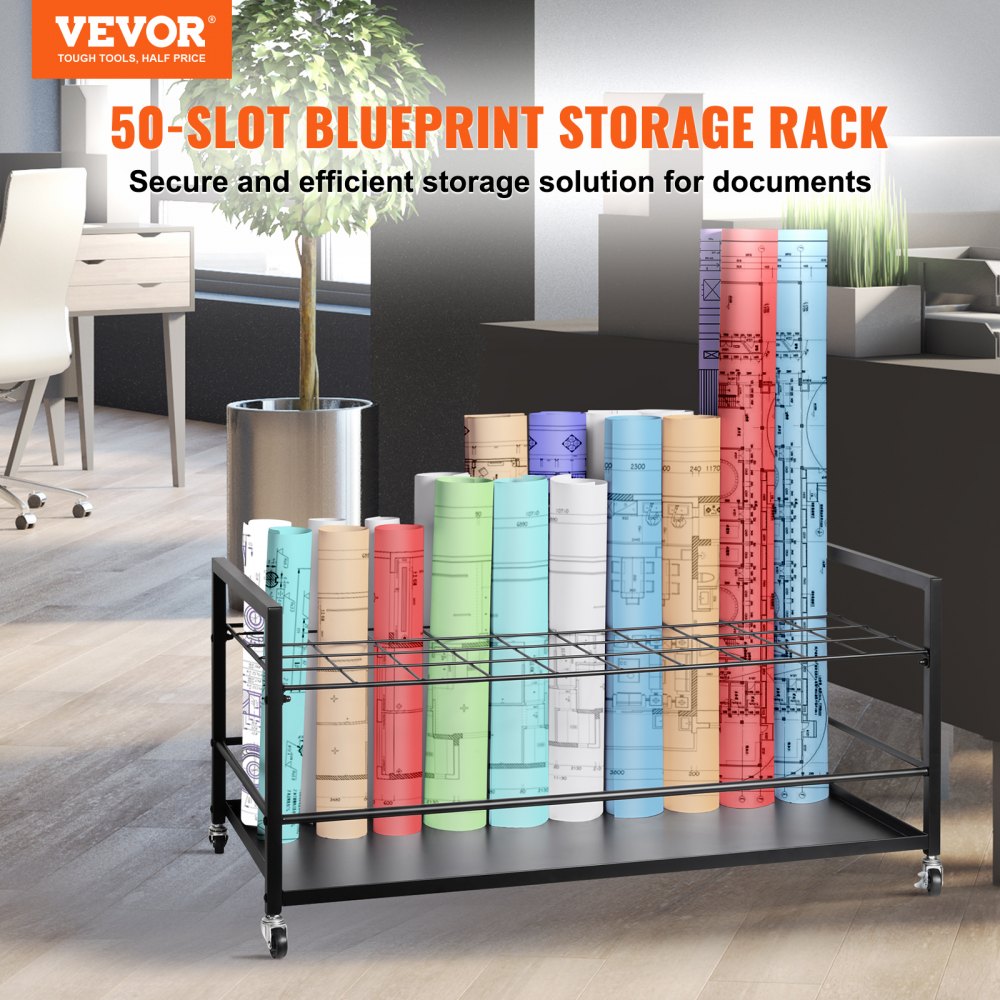 VEVOR Blueprint Storage Rack, 50 Slots Blueprint Holder with Wheels ...