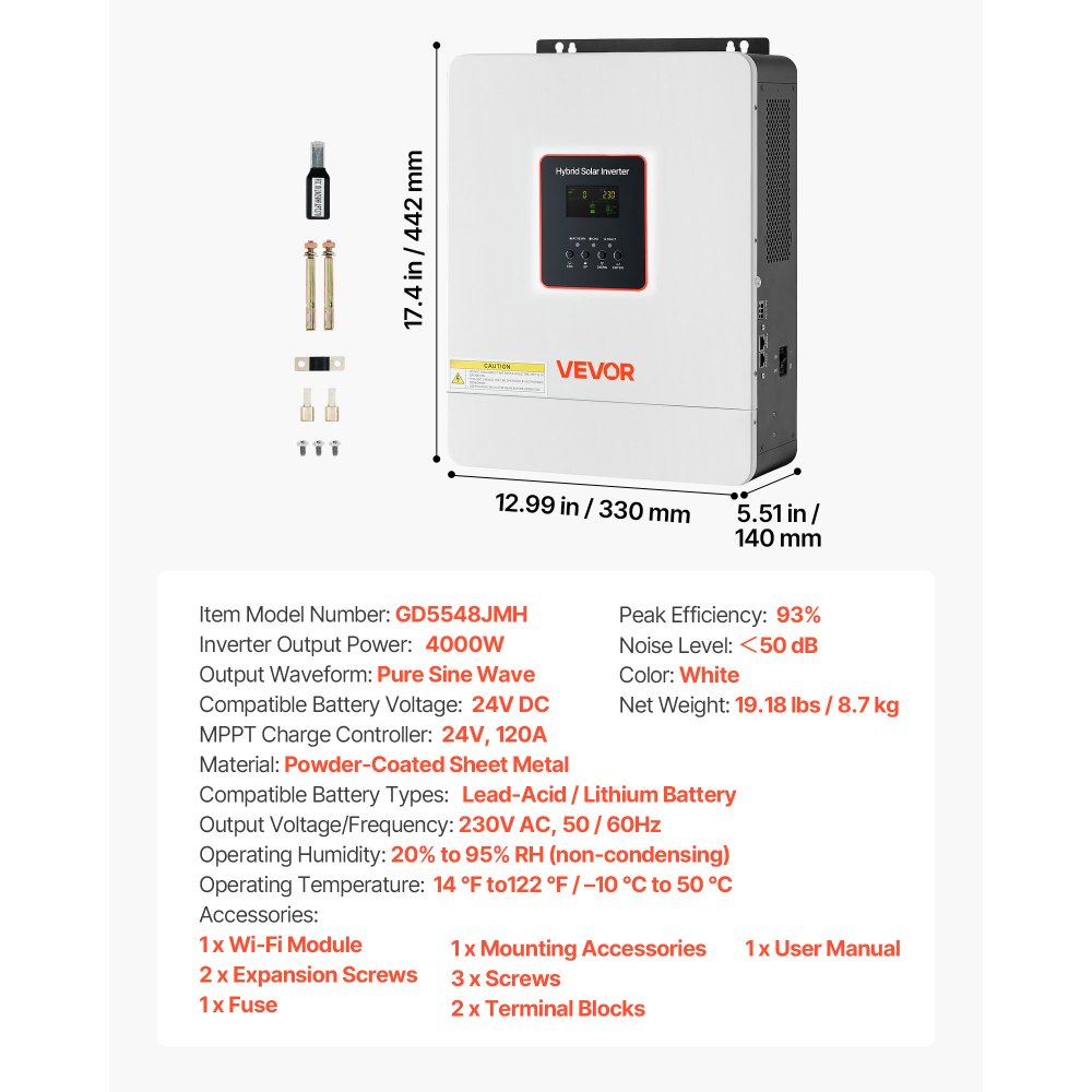 VEVOR 4000W Hybrid Solar Inverter, 24V DC to 230V AC, Pure Sine Wave ...