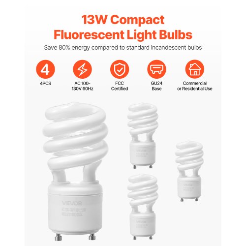 VEVOR 4-Pack CFL Light Bulbs 13W Compact Fluorescent Bulbs with 2700K ...