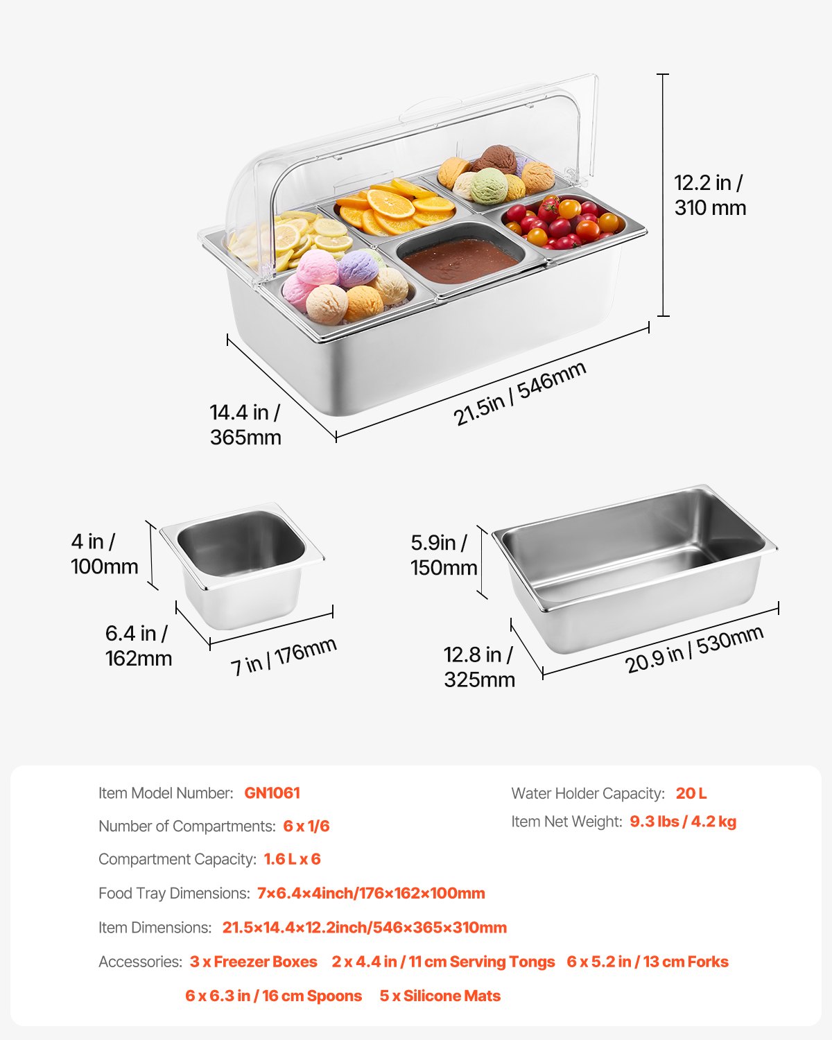 Food Display Rack Set VEVOR Countertop Food Serving Display Container, 6 Pan Stainless Steel ...