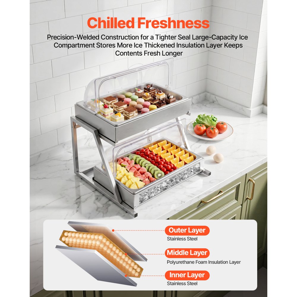 Countertop Server Rack VEVOR Countertop Food Serving Display Container, 2 Tier Stainless Steel ...