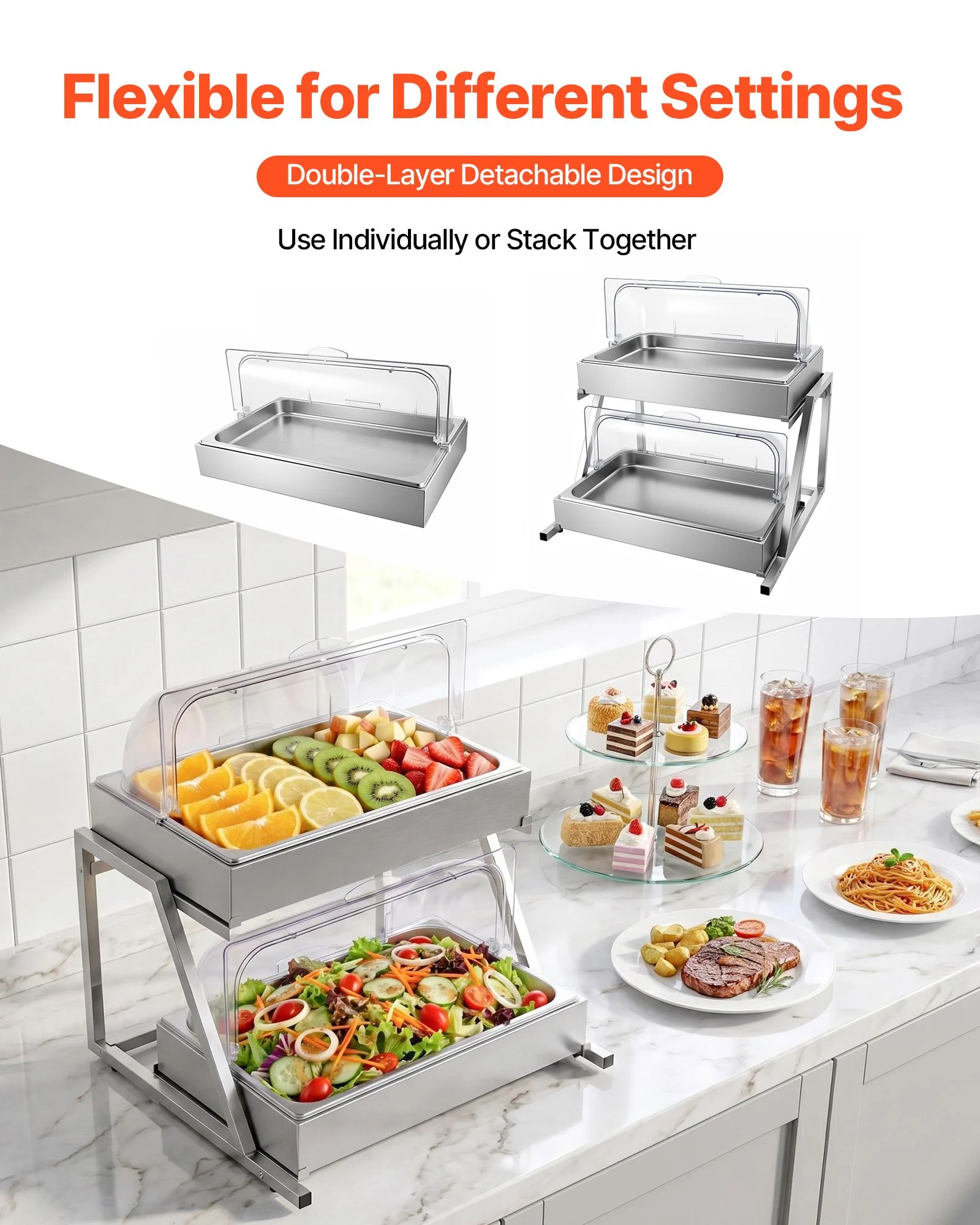 VEVOR Countertop Food Serving Display Container, 2 Tier Stainless Steel ...