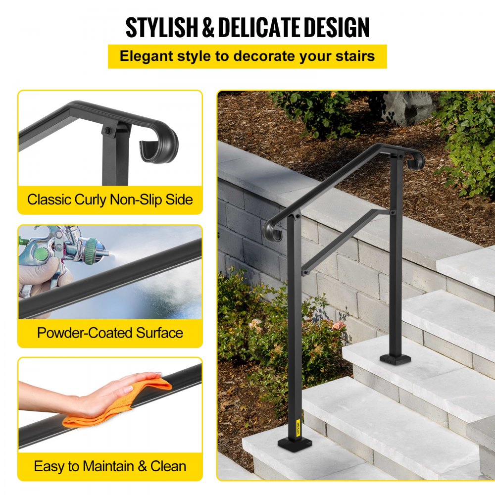 VEVOR Outdoor Stair Railing, Fit 2 or 3 Steps Alloy Metal Handrailing ...