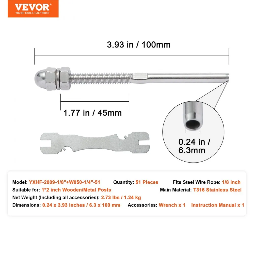 VEVOR 51 Pack Cable Railing Swage Threaded Stud Tension End Fitting ...