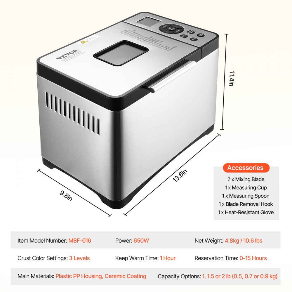 VEVOR Electric Bread Maker Machine — 19 Programs & Timer