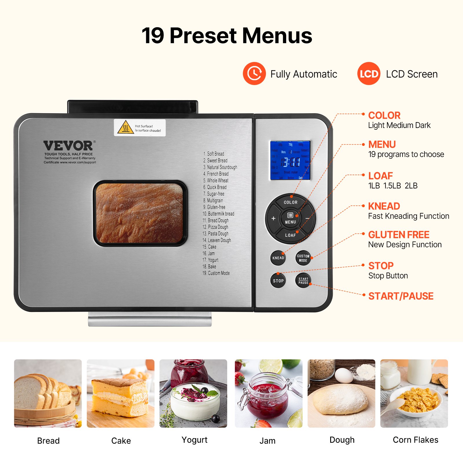 VEVOR Electric Bread Maker Machine — 19 Programs & Timer