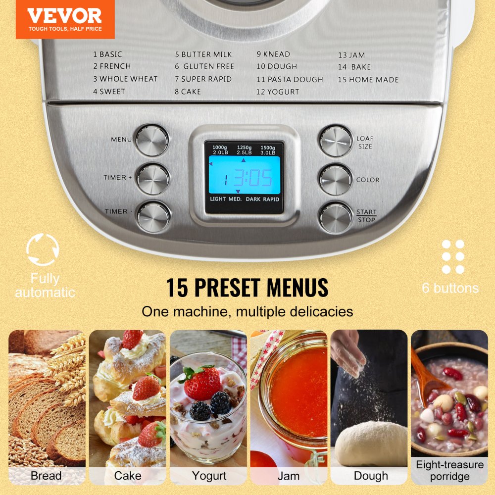VEVOR Bread Maker, 15in1 3LB Dough Machine, Nonstick Ceramic Pan