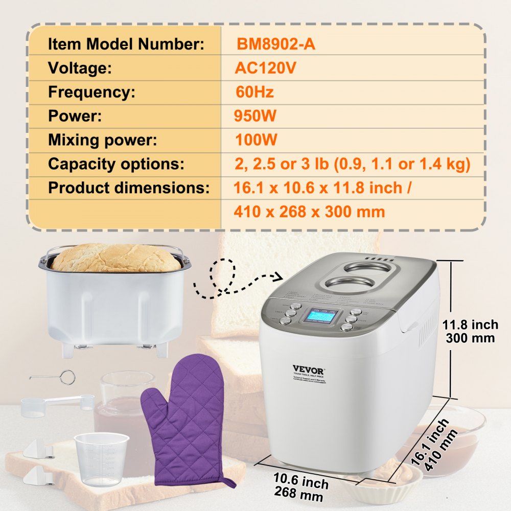 VEVOR Bread Maker, 15-in-1 3LB Dough Machine, Nonstick Ceramic Pan ...
