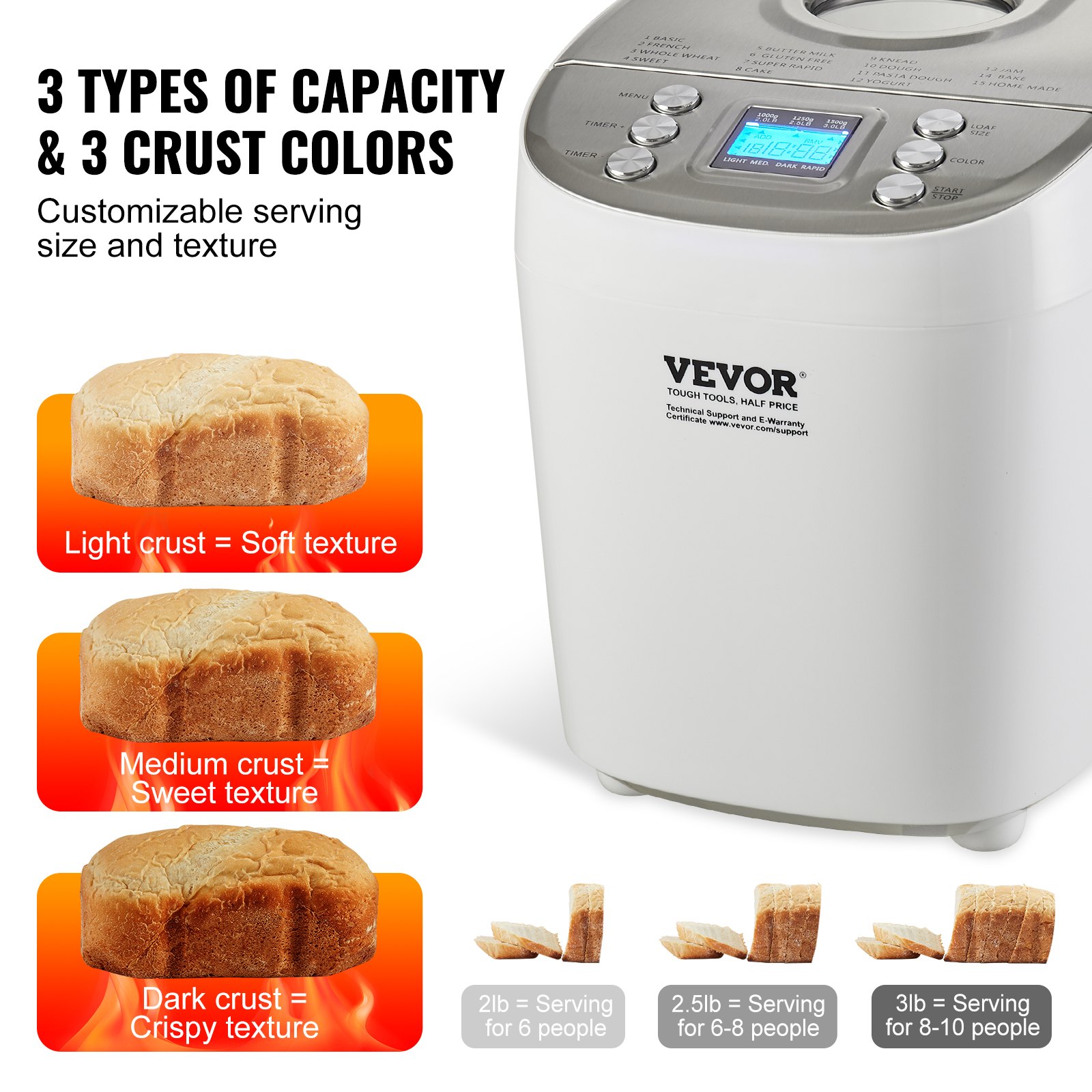 Netva Bread Machine VEVOR Bread Maker, 15-in-1 3LB Dough Machine, Nonstick Ceramic Pan ...