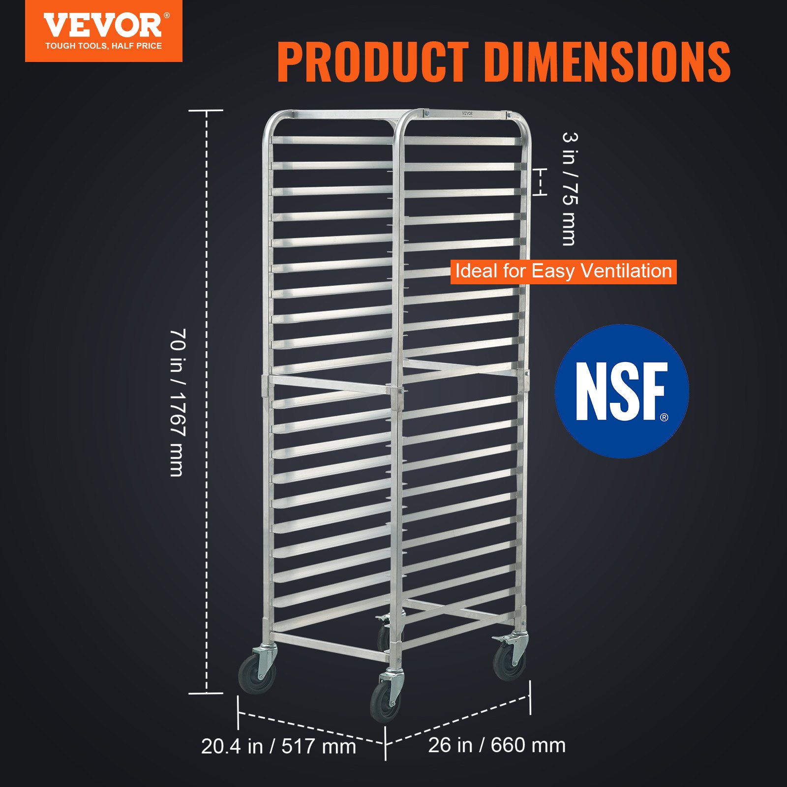 VEVOR Bun Pan Rack, 20-Tier Commercial Bakery Racks with Brake Wheels ...