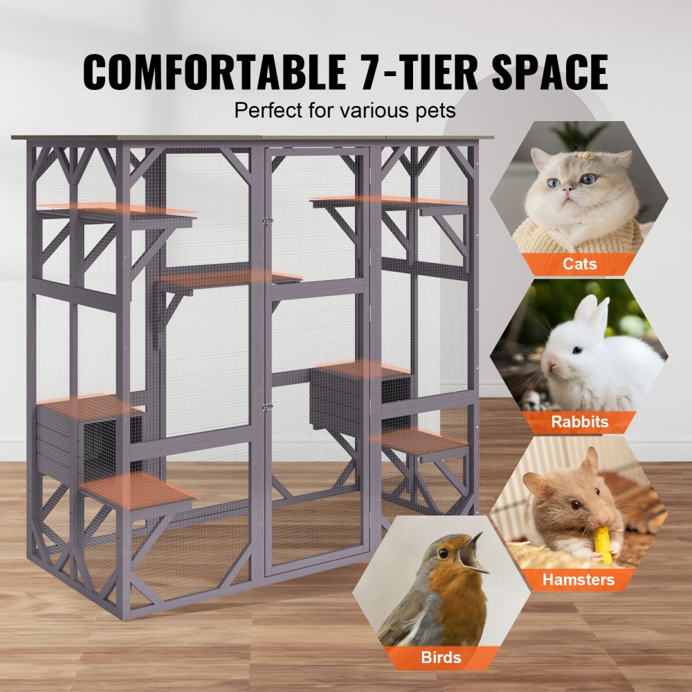 VEVOR Cat House Outdoor, 7-Tier Large Catio, Cat Enclosure with 5 ...