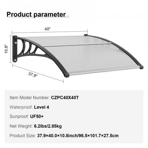 Clear PC Front Door Awning Canopy - Wall Mount Sun Shade & Rain Cover, UV Protect, Modern Curved Design