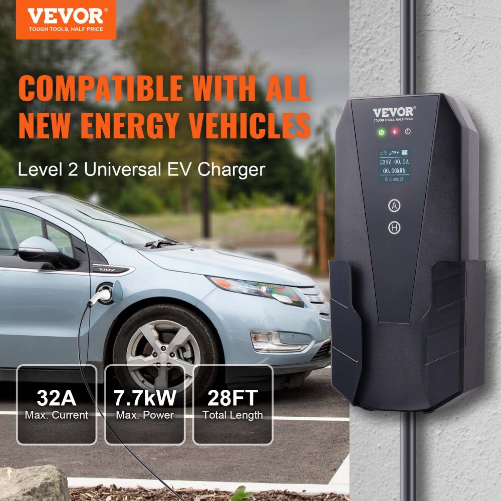 VEVOR Level 2 Portable EV Charger, 32 Amp 240V, Electric Vehicle Charger  with 28 ft Charging Cable NEMA 10-30P Plug, 16/20/24/32A Adjustable Current  