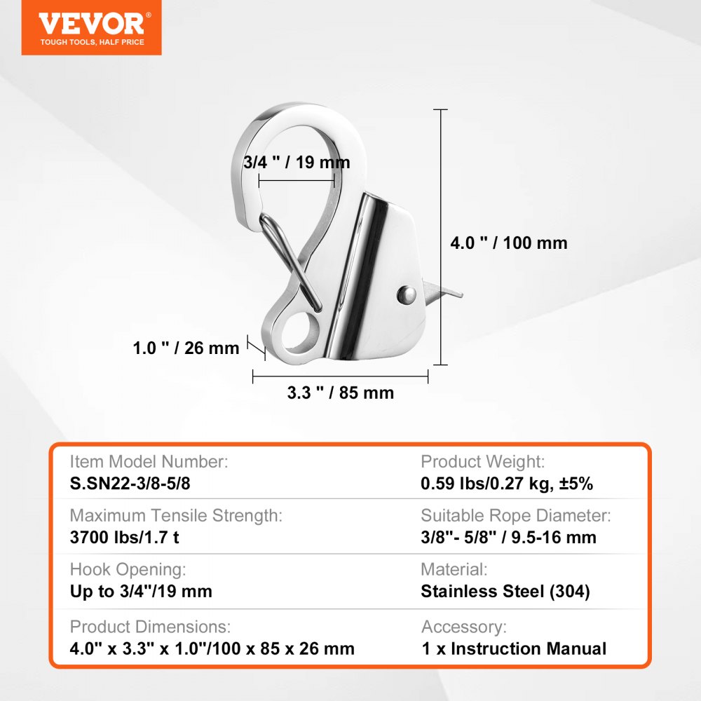 VEVOR Boat Anchor Hook, 304 Stainless Steel Slide Anchor, Knotless