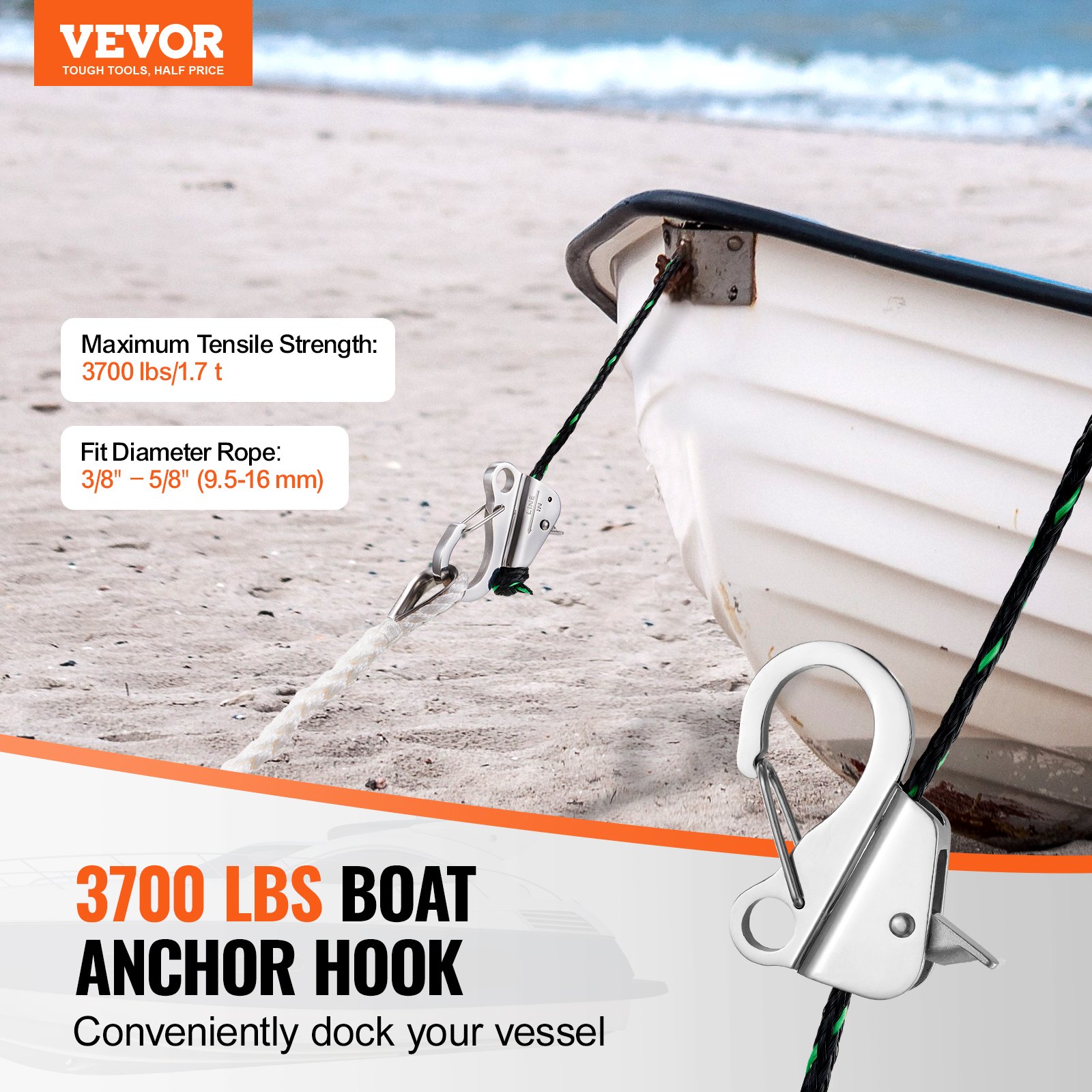 VEVOR Boat Anchor Hook, 304 Stainless Steel Slide Anchor, Knotless ...