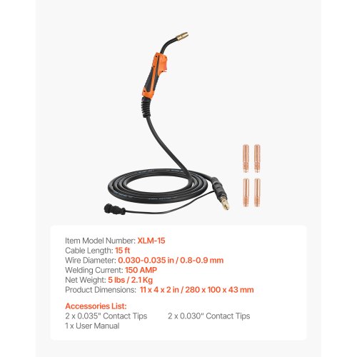 VEVOR MIG Welder Gun – 15FT Copper Cable, 5 Tips, 150A