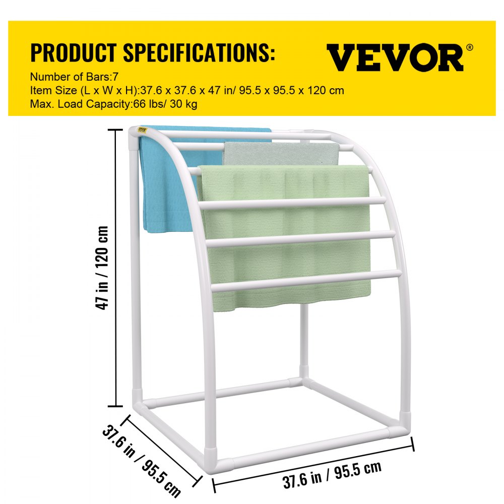VEVOR Pool Towel Rack, 7 Bar, White, Freestanding Outdoor PVC Curved