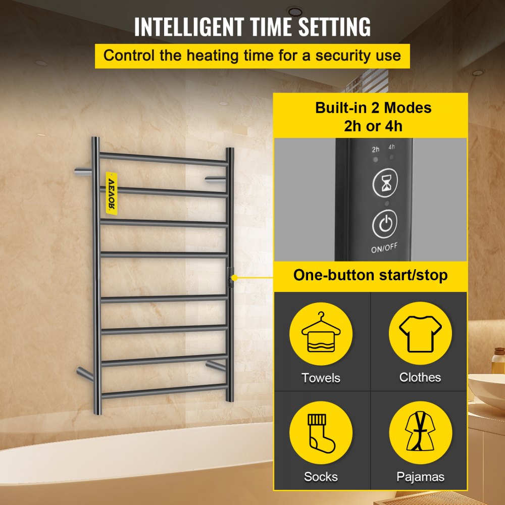 VEVOR Heated Towel Rack, 8Bar Towel Warmer Rack, Wall Mounted Electric
