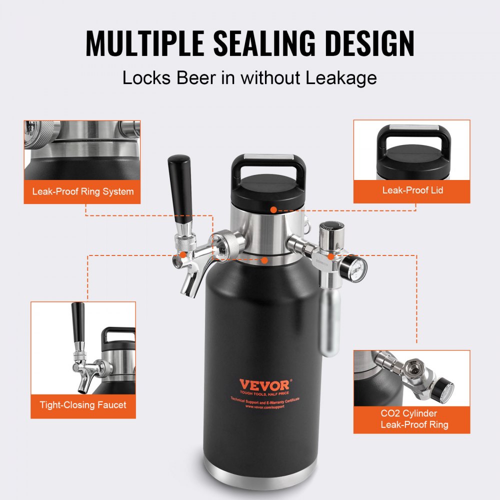 VEVOR Beer Growler Tap System, 64Oz 1.89L Mini Keg, 304 Stainless Steel Pressurized Beer Growler