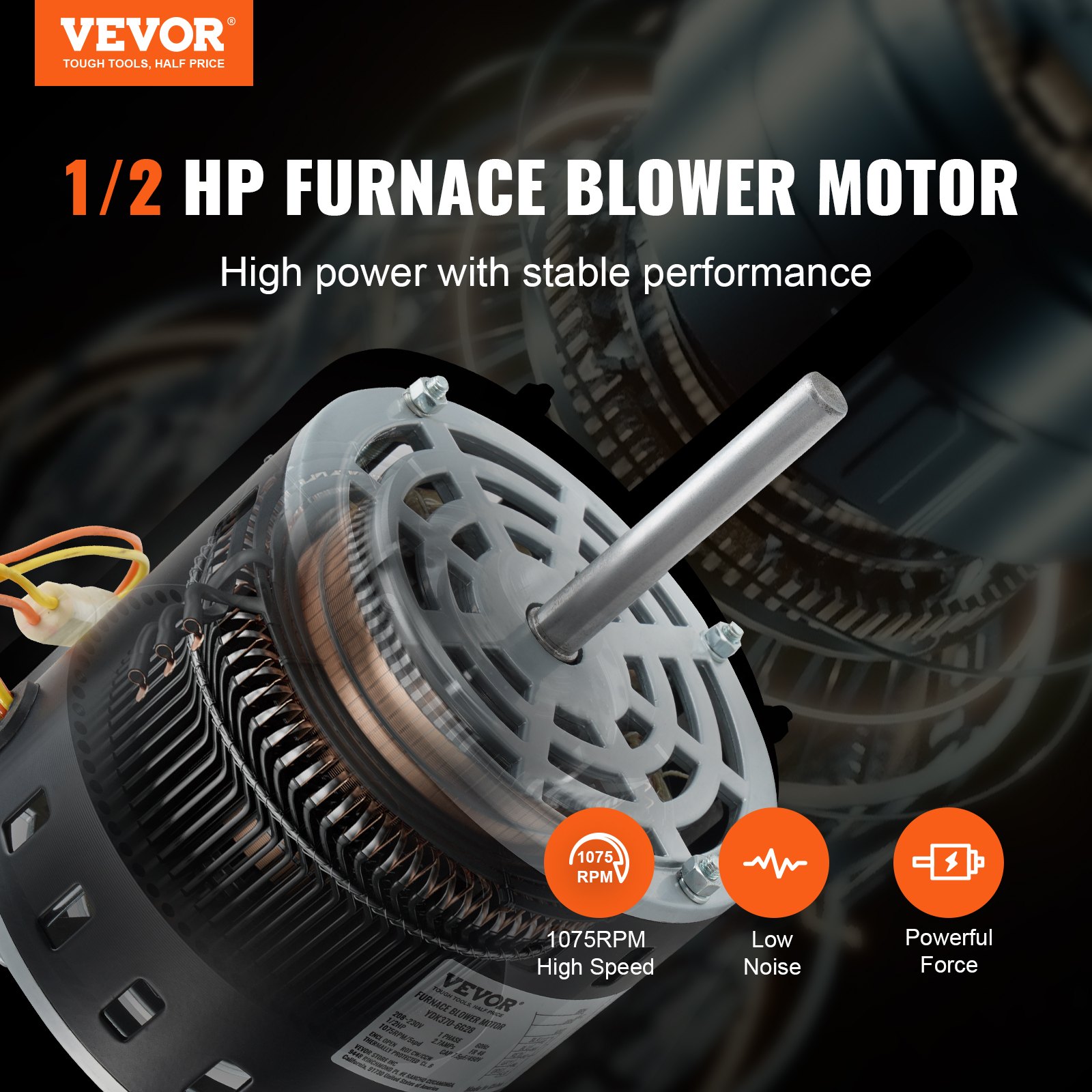 VEVOR 1/2HP Furnace Blower Motor 208-230V 2.7A 1075RPM 5 Speeds CW/CCW ...