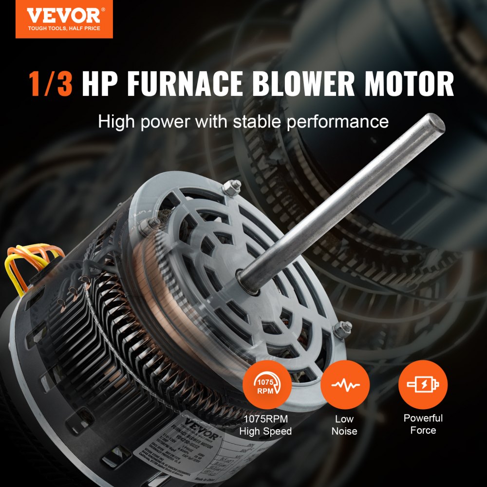 VEVOR 1/3HP Furnace Blower Motor, 110/120V 4.4Amps, 1075RPM 4 Speeds ...