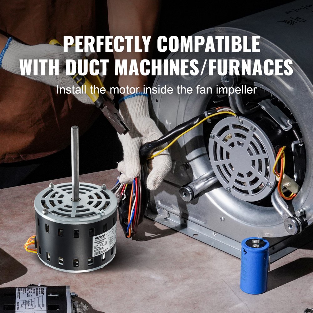 VEVOR 1/3HP Furnace Blower Motor, 110/120V 4.4Amps, 1075RPM 4 Speeds ...