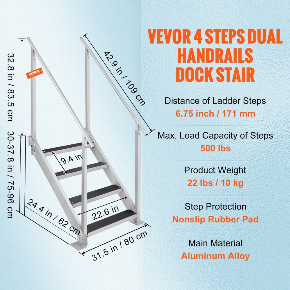 VEVOR Dock Ladder 4 Step, Dock Stairs 30''-38'' Adjustable Height, 500 ...