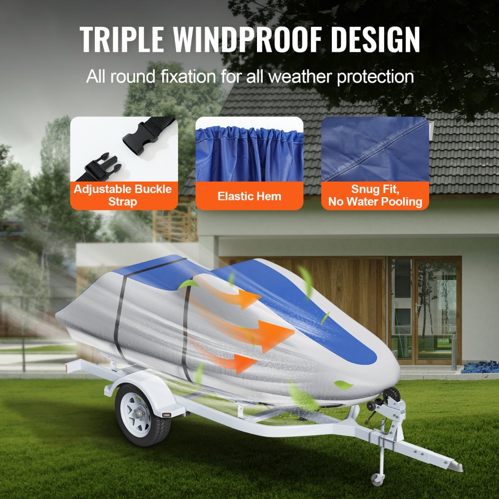 Avecrew Jet Ski Cover Waterproof - 250D Trailerable PWC Cover Fits Yamaha Seadoo Kawasaki Personal Watercraft Boats With Two Air Vents Length Range 120 To 135