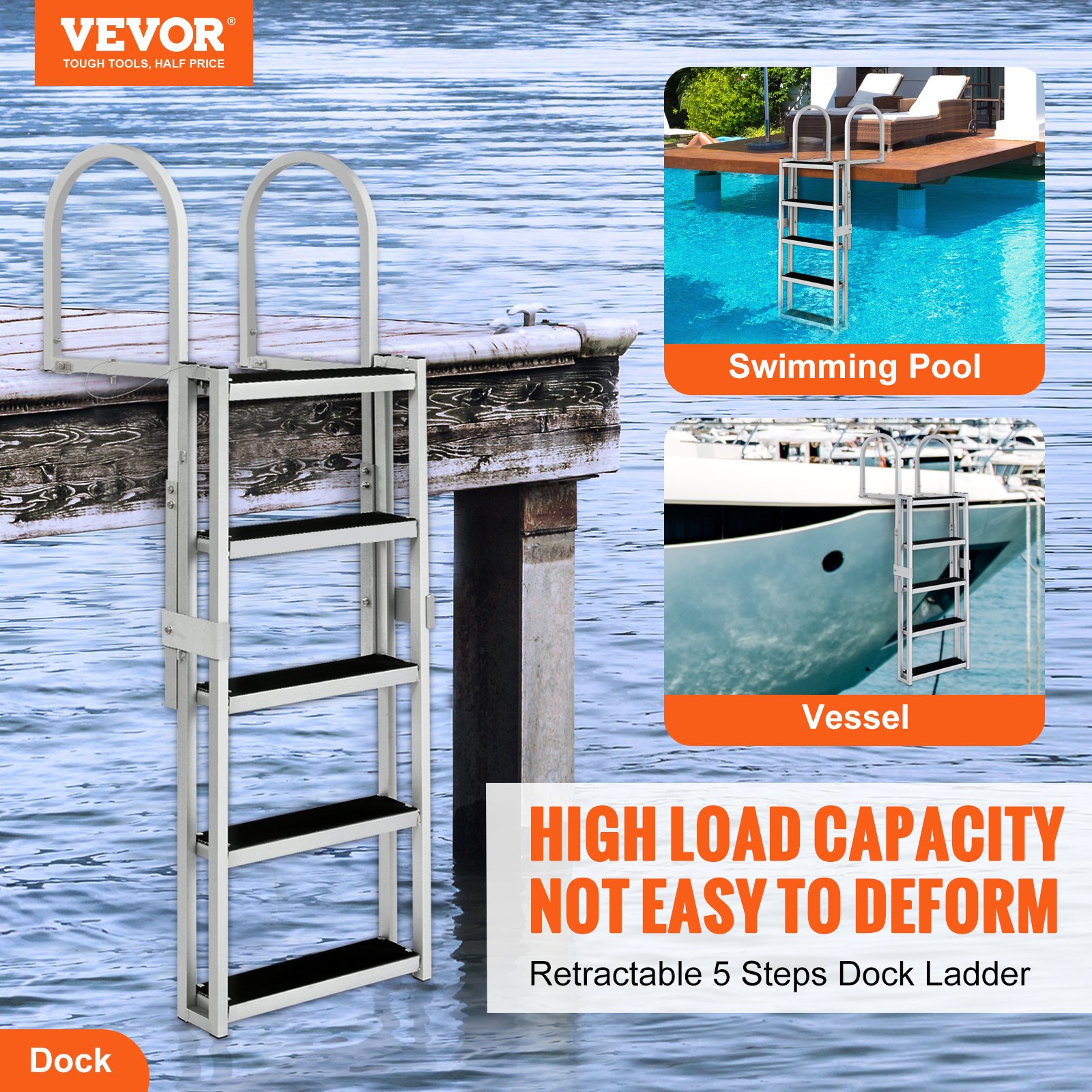 VEVOR Dock Ladder, Retractable 5 Steps, 350 lbs Load Capacity, Aluminum ...