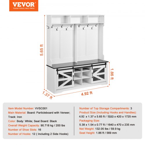 VEVOR Hall Tree Entryway Bench, LED Coat Rack with Shoe Storage