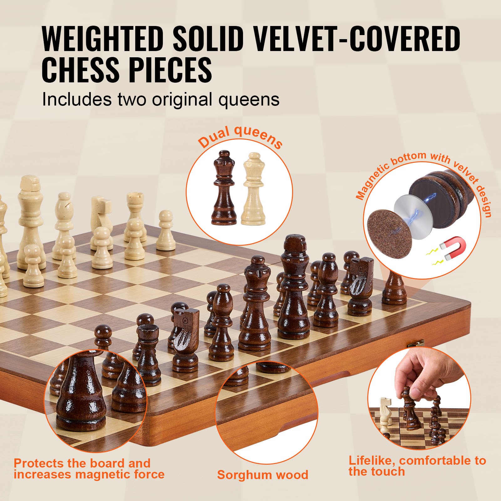 VEVOR Magnetic Wooden Chess Set, 15 inch 2-IN-1 Chess Checkers Game Set ...